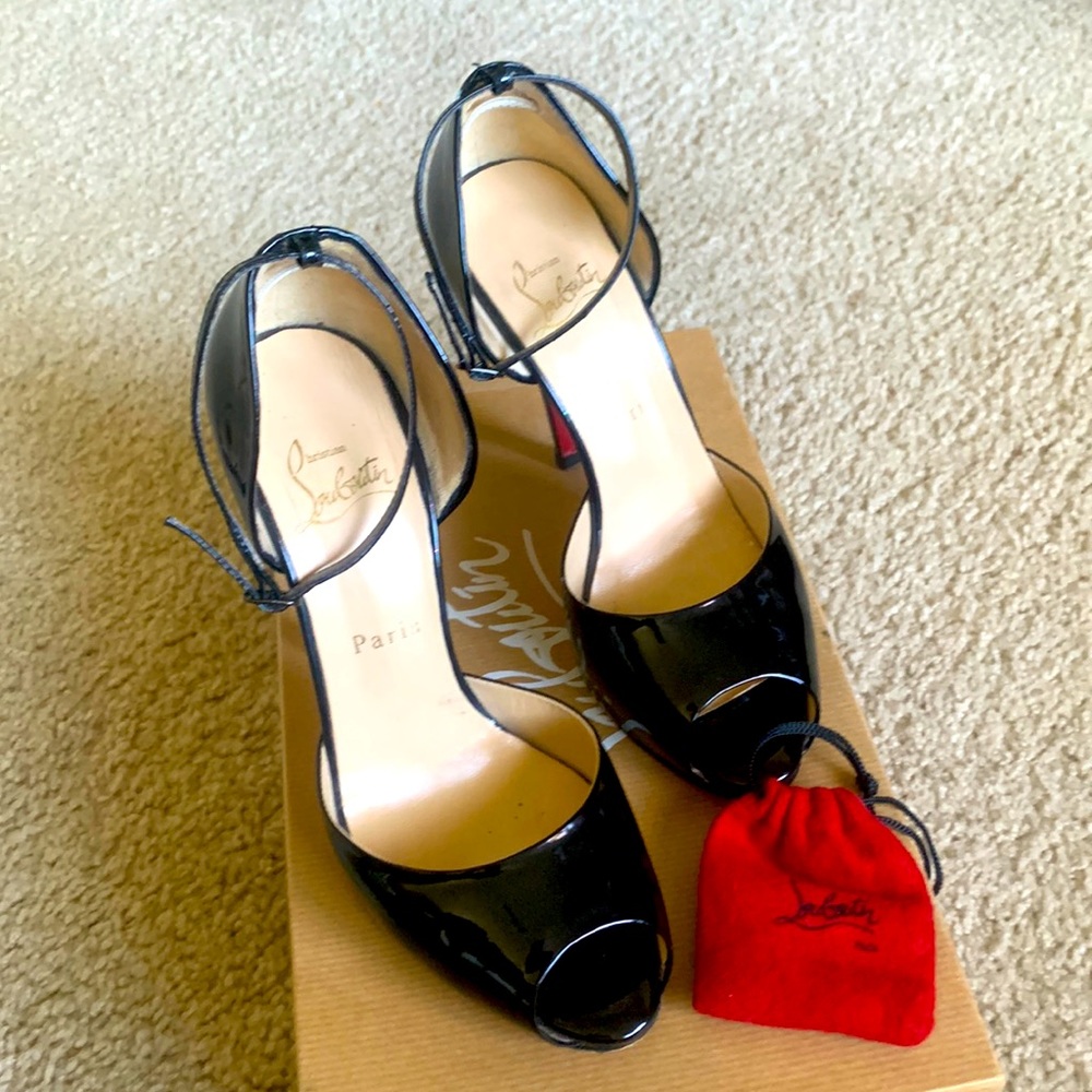 Christian Louboutin Claudia 120 metal black pantent peep toe ankle strap pump